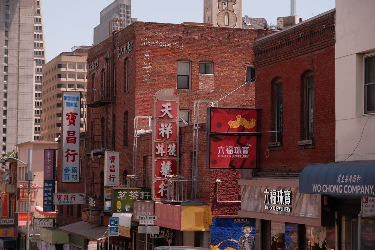 Vibrant Chinatown street scene with signage and architecture in San Francisco.